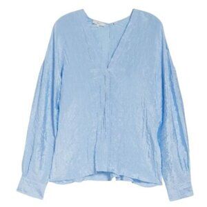 NEW! Vince Women's Double V-Neck Blouse Crinkle Cerulean Blue Long Sleeve 2X